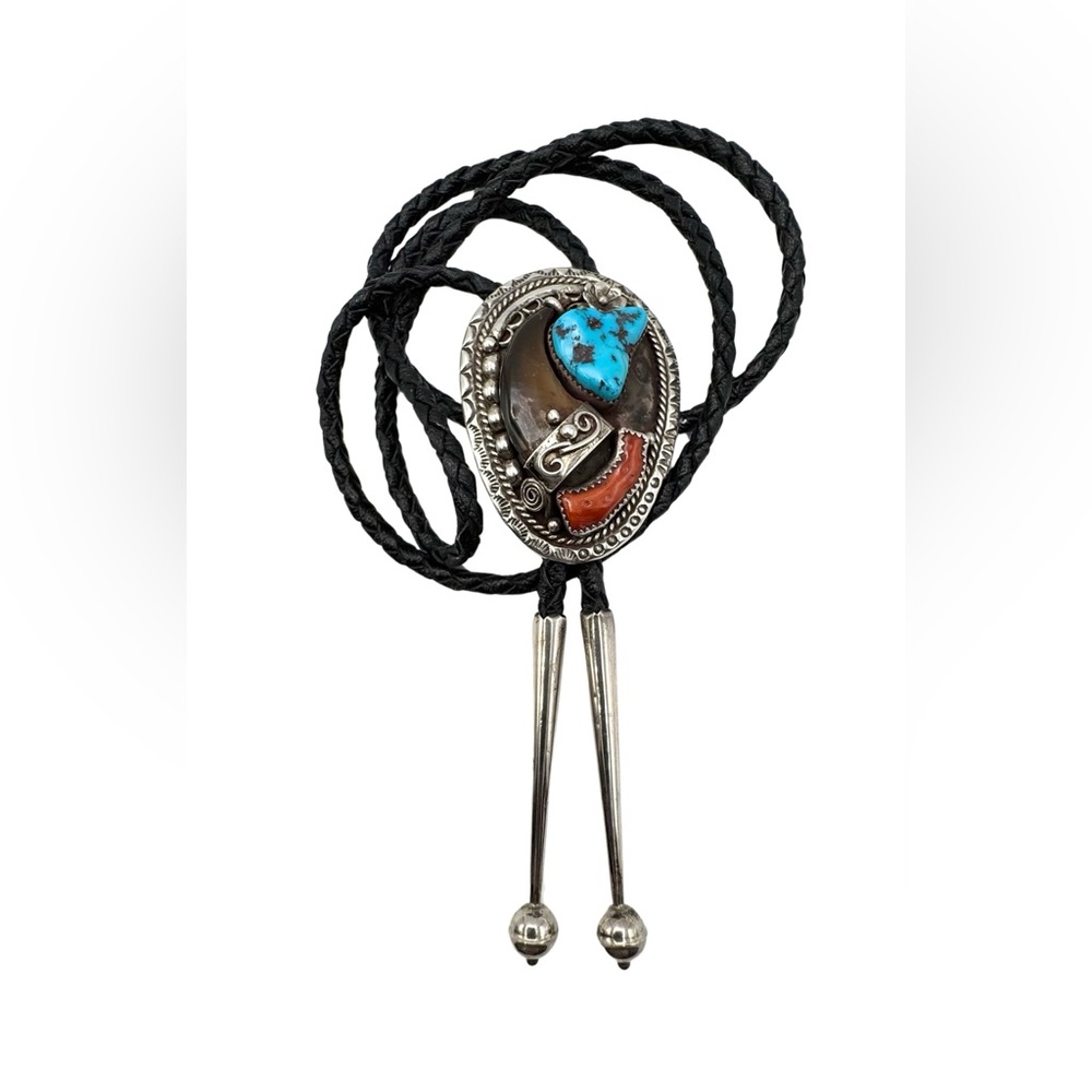 Sam Begay Navajo Native American Sterling Silver Turquoise Coral Bolo Tie